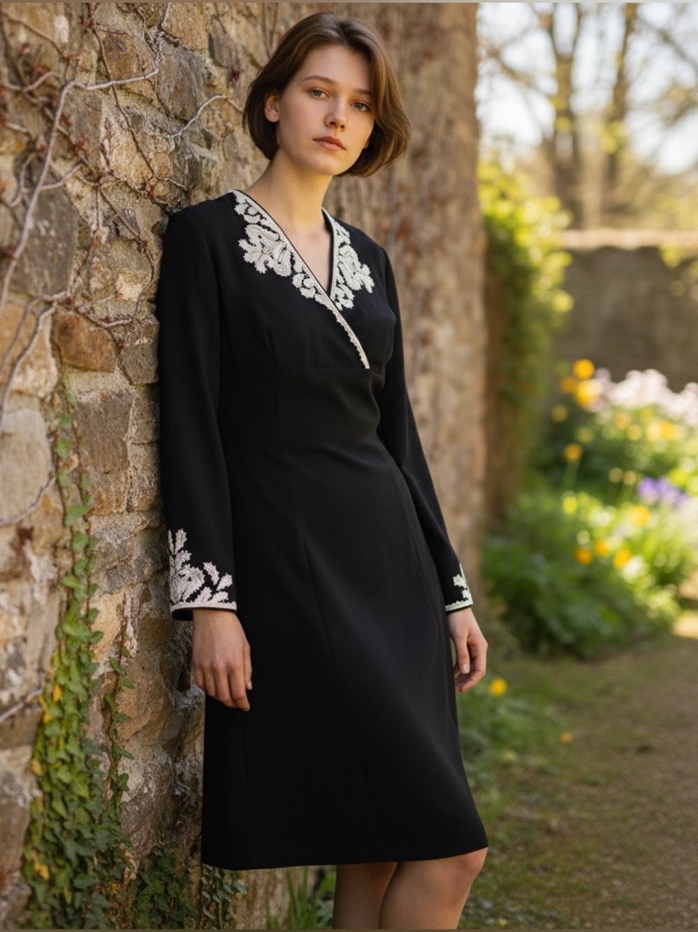 MAGGY LONDON Vint RARE 80s A-line Bell Sleeve V-Neck Dress Sz 6 Embroidered NWOT - Picture 5 of 12